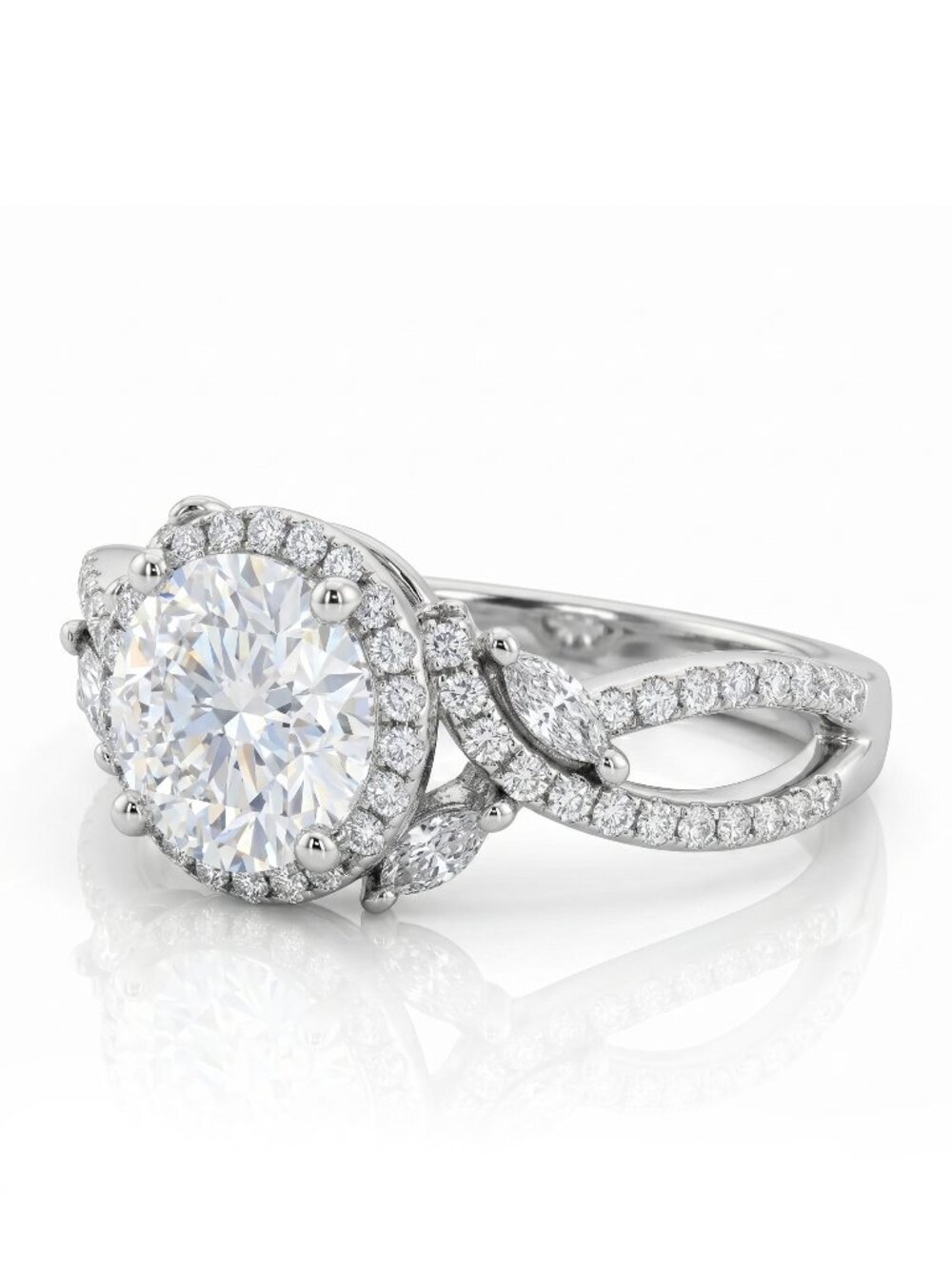 Classic Engagement Round Halo ring with twist leaf band, 925 Sterling Silver